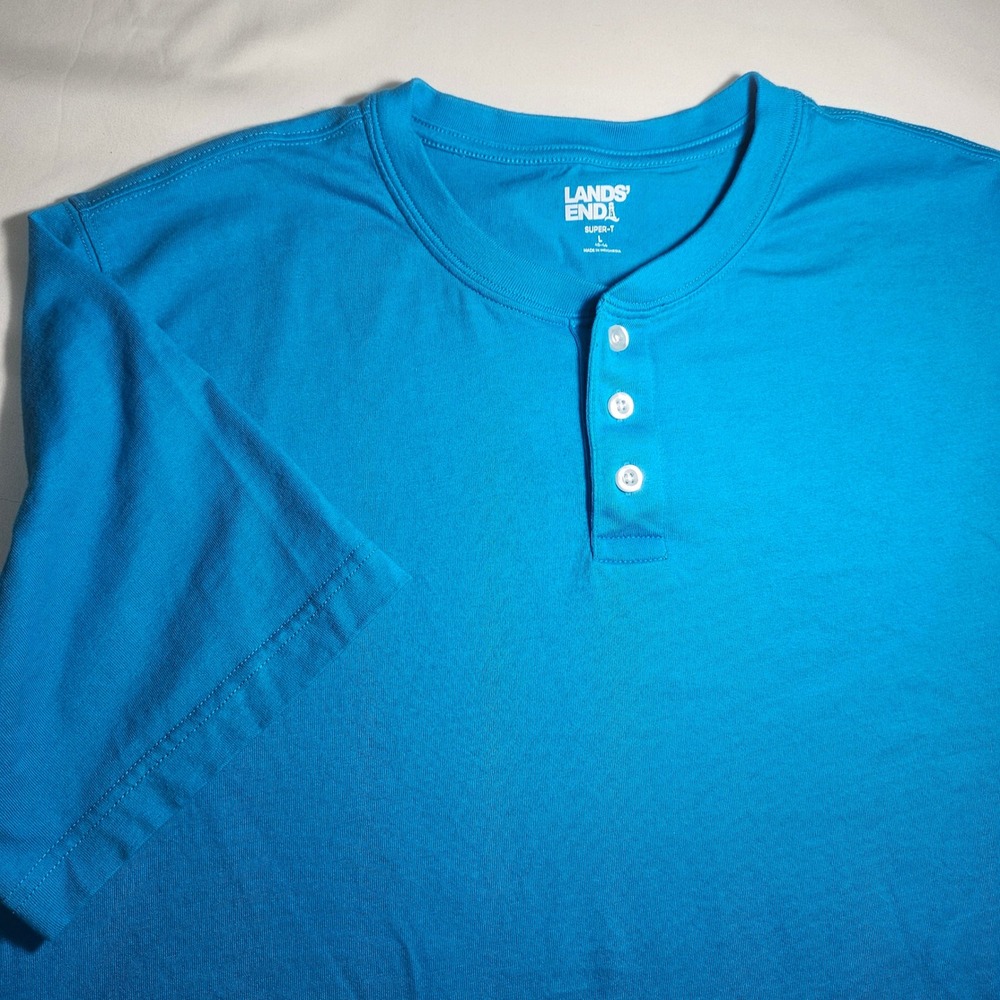 Lands End Super-T Henley Shirt Mens Large Blue Short Sleeve 100% Cotton Jersey